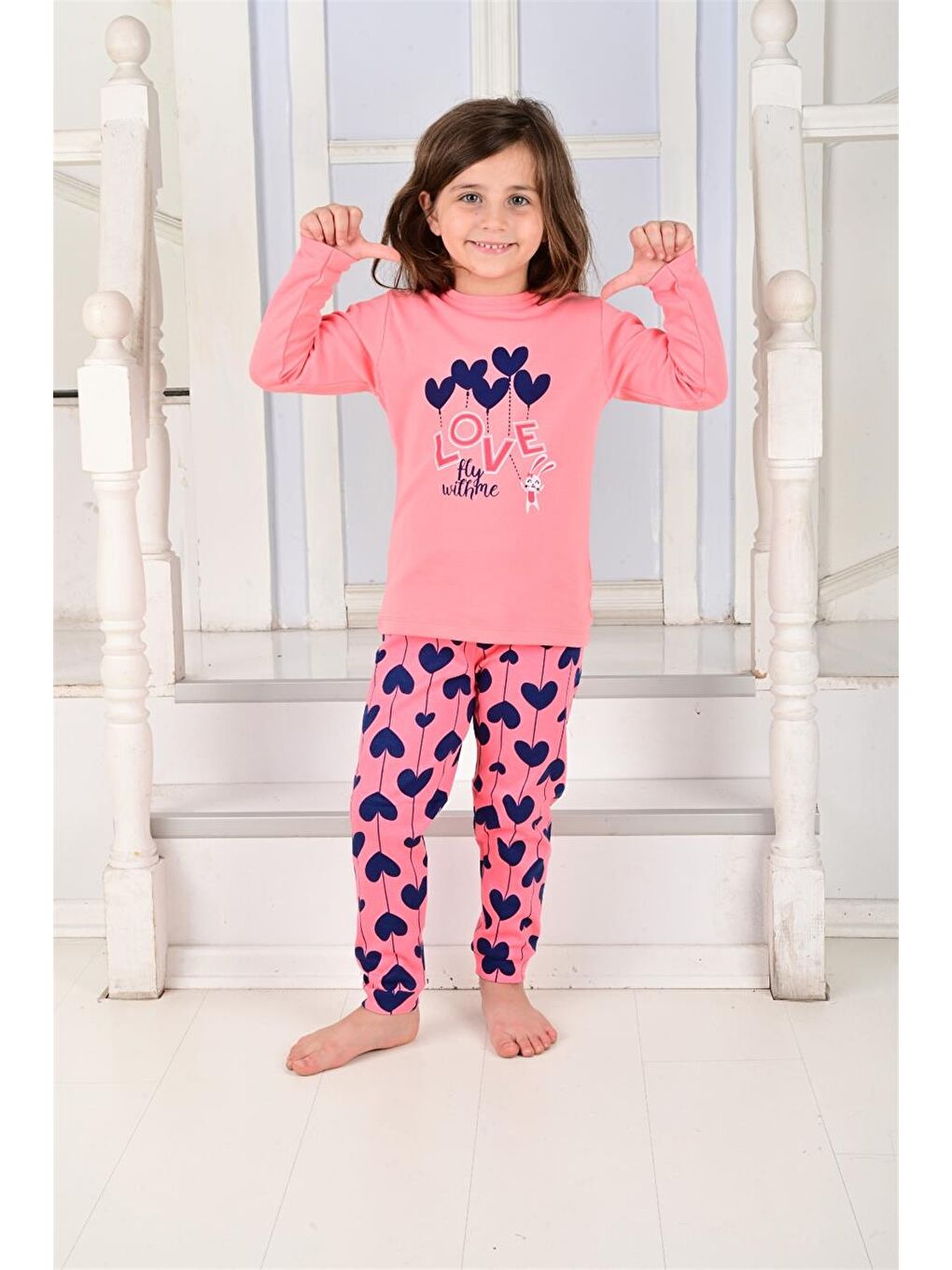 Pembe Kız Çocuk Uzun Kollu Pijama Takımı Ballon Hearth Somon-2