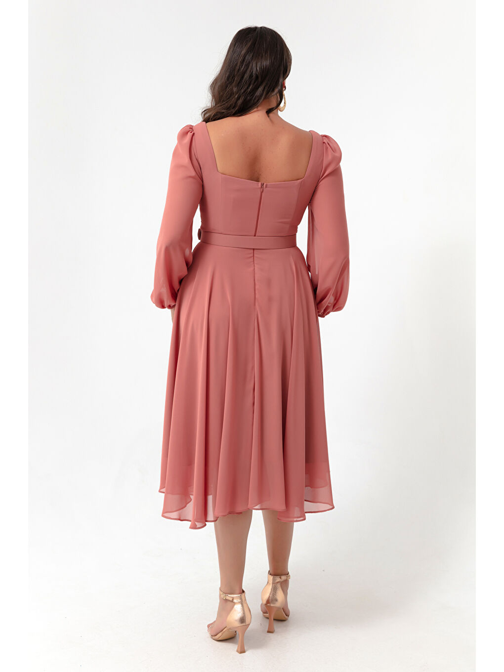 Pembe Kadın Somon Kare Yaka Kemerli Midi Şifon Büyük Beden Abiye Elbise-4
