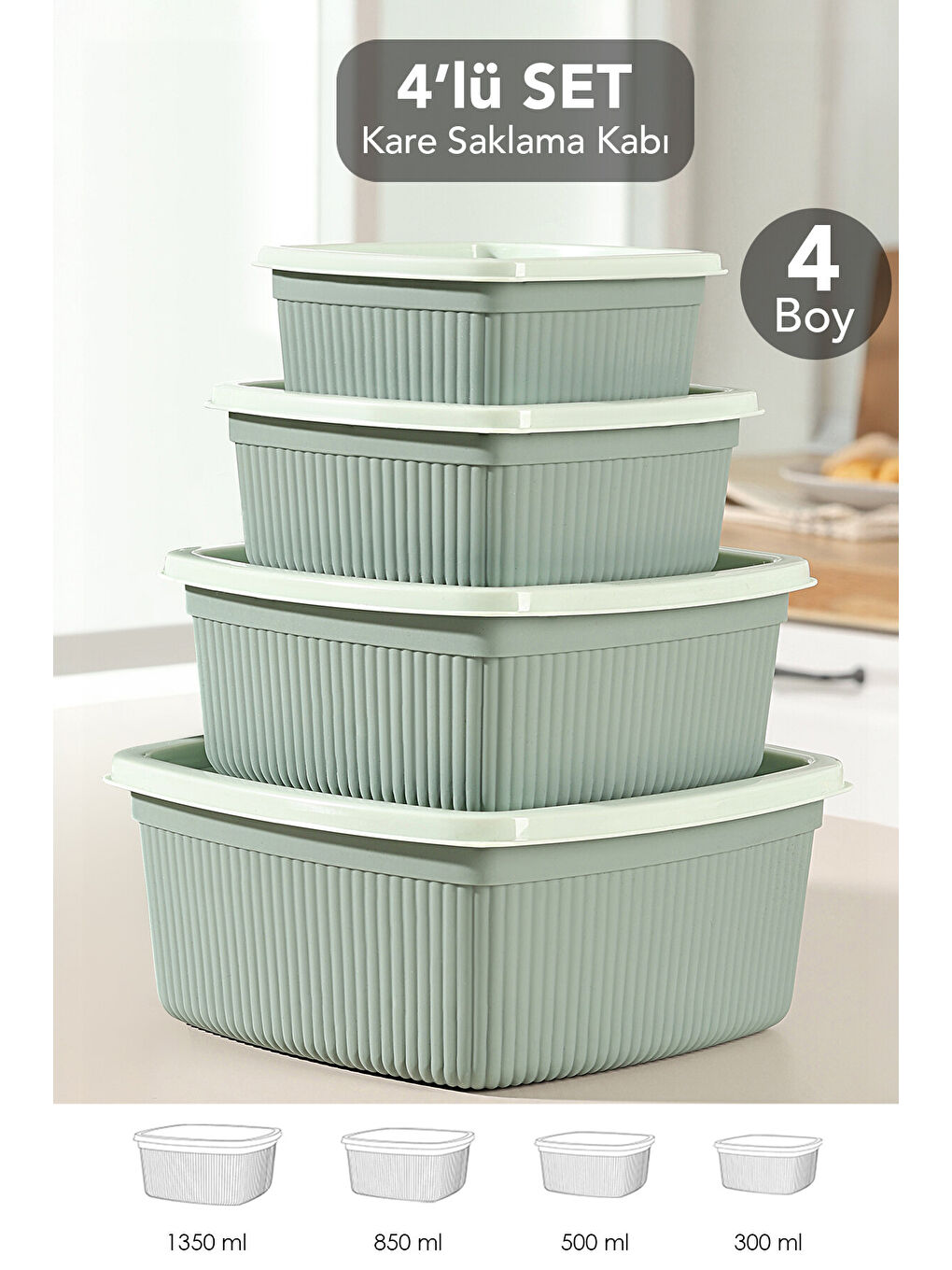 Yeşil 4'lü Çizgili Kare Gıda Saklama Kabı Seti