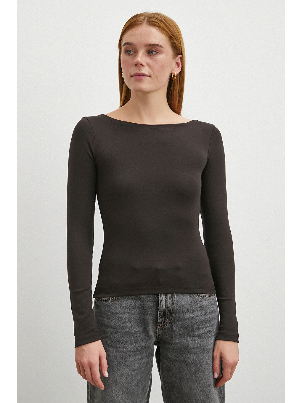 Karışık Geniş Yakalı Bluz Kahve-4