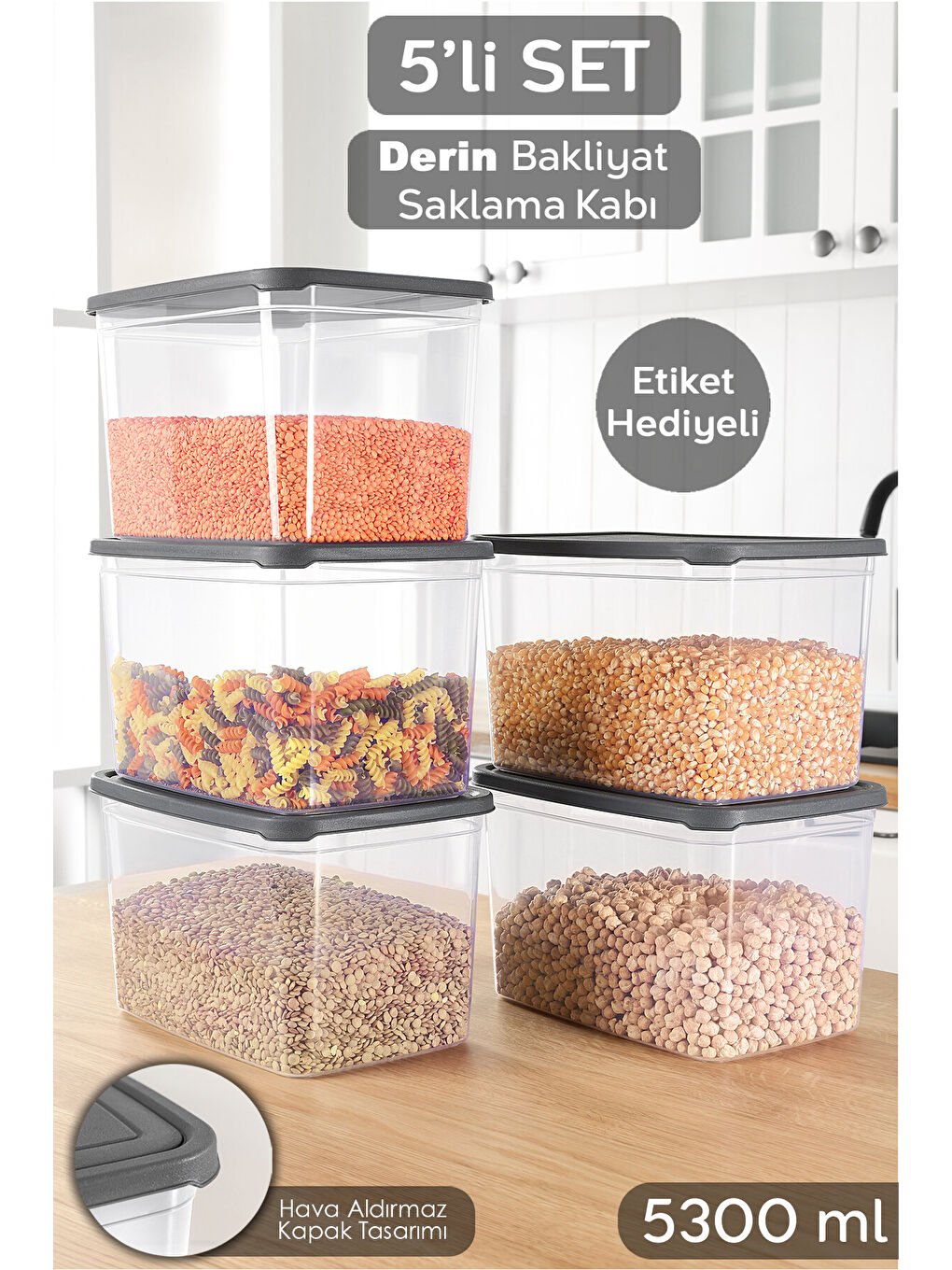Renksiz 5 Adet Erzak Saklama Kabı 5300 ml
