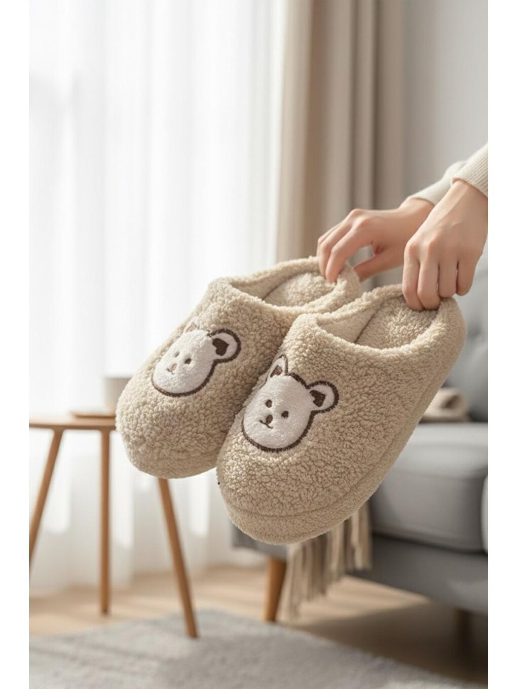 Ekru Ft 103 Panda Nakışlı Kadın Ev Terliği Pelüş Terlik Çeyiz ve Bohça Terliği Ses Yapmaz Kalın Taban