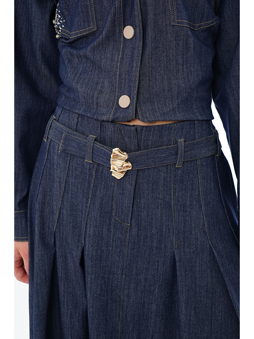 Mavi Önden Fermuar ve Pile Detaylı Denim Etek 608 Denim-1