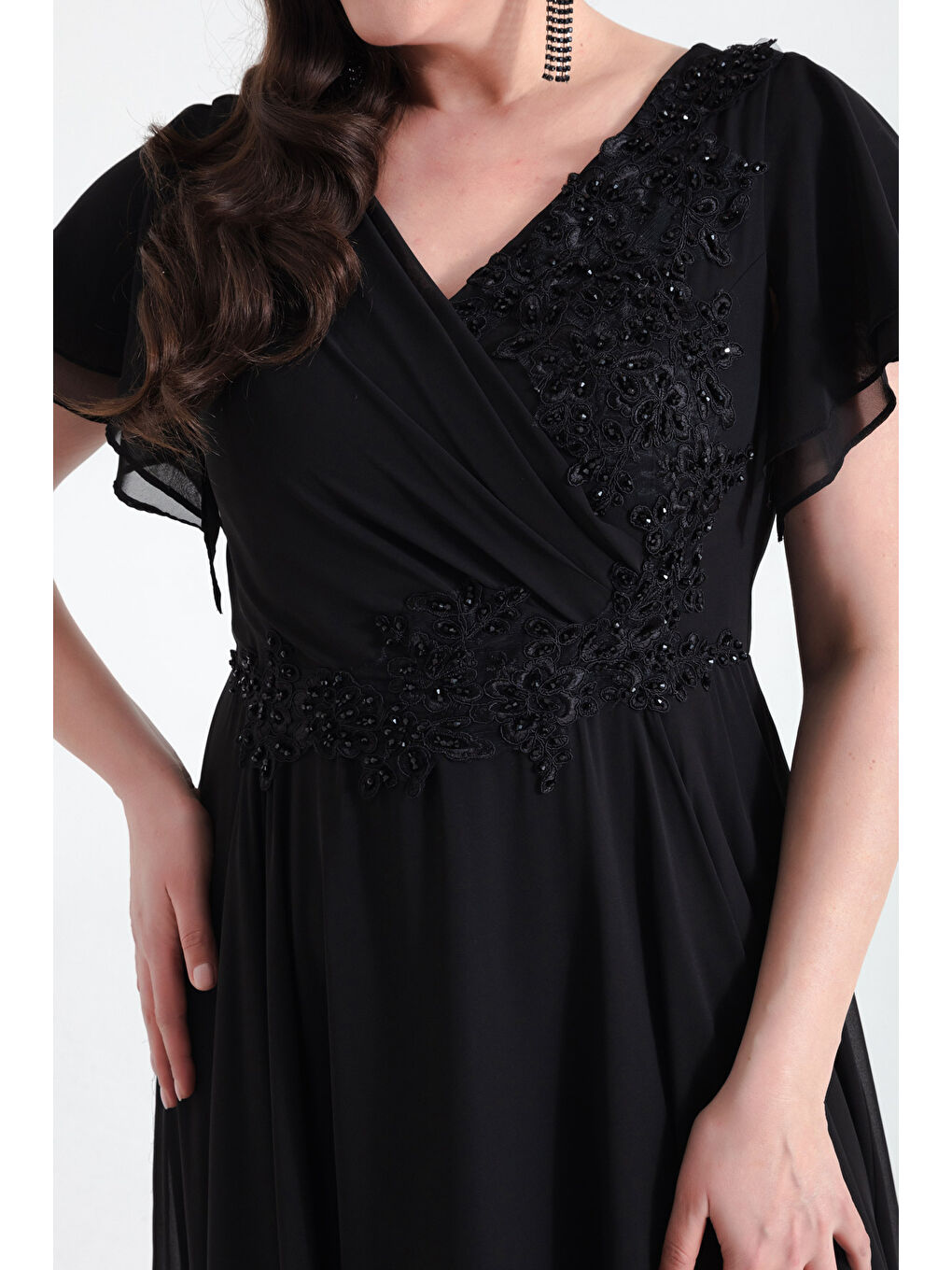 Kadın Siyah Kruvaze Taşlı Uzun Şifon Abiye Elbise-1