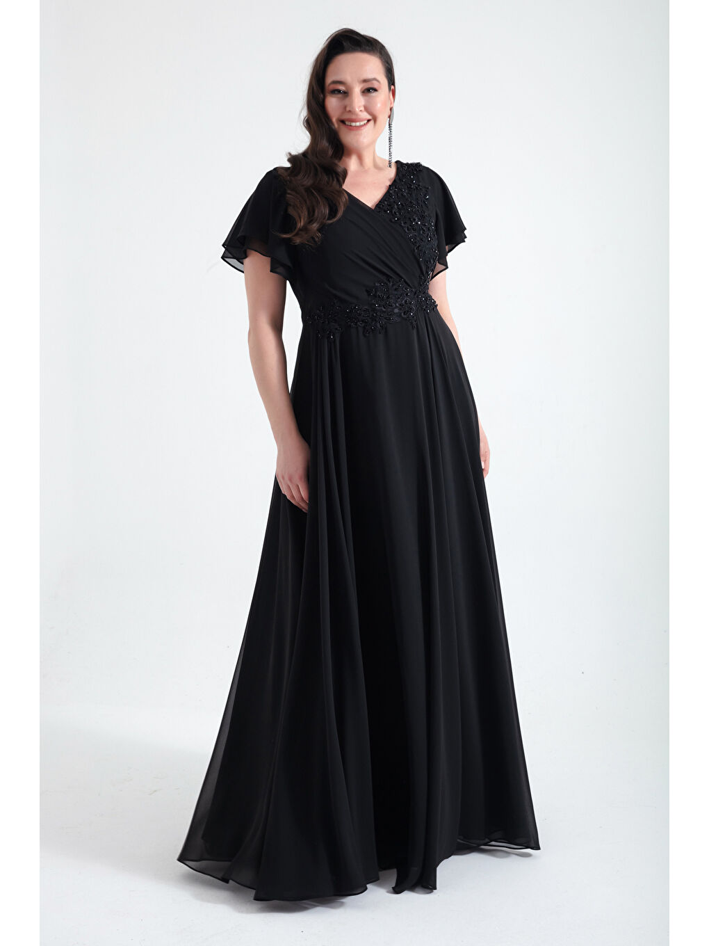 Kadın Siyah Kruvaze Taşlı Uzun Şifon Abiye Elbise-2