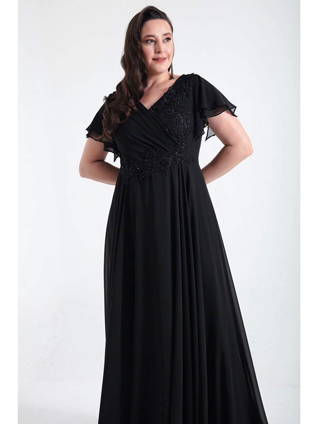 Kadın Siyah Kruvaze Taşlı Uzun Şifon Abiye Elbise-3