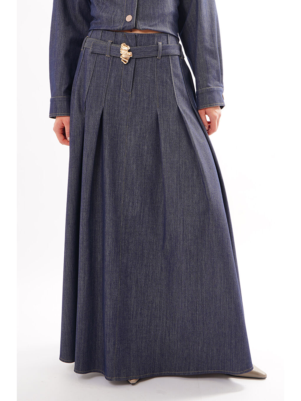 Mavi Önden Fermuar ve Pile Detaylı Denim Etek 608 Denim-2