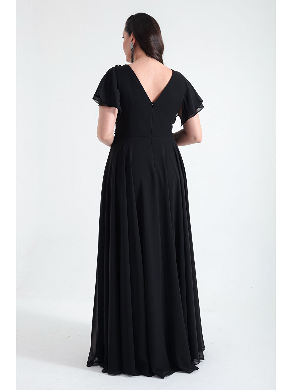 Kadın Siyah Kruvaze Taşlı Uzun Şifon Abiye Elbise-4