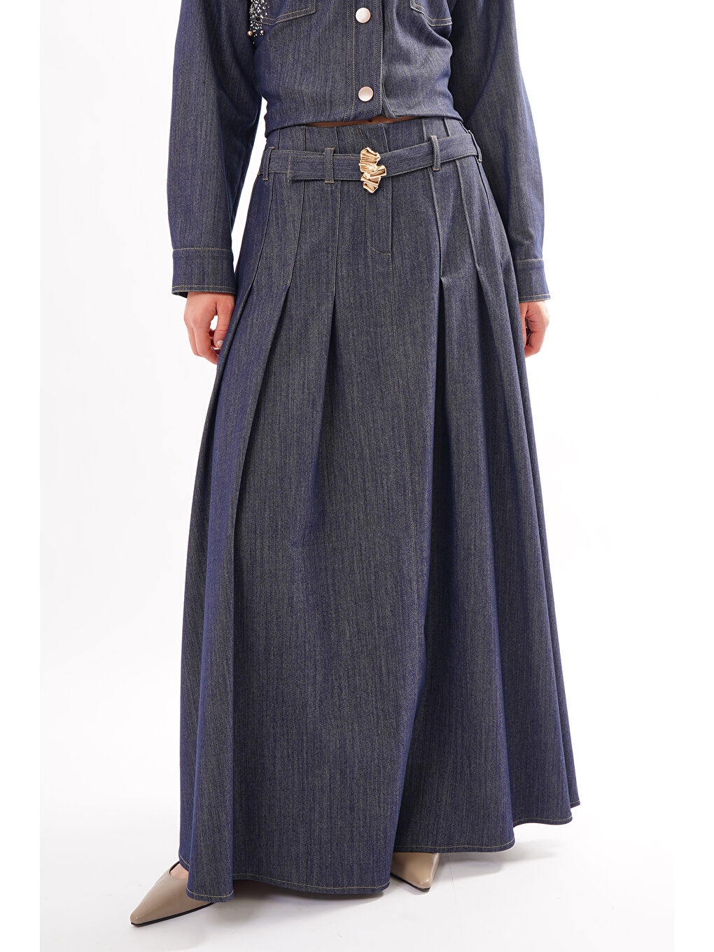 Mavi Önden Fermuar ve Pile Detaylı Denim Etek 608 Denim-3