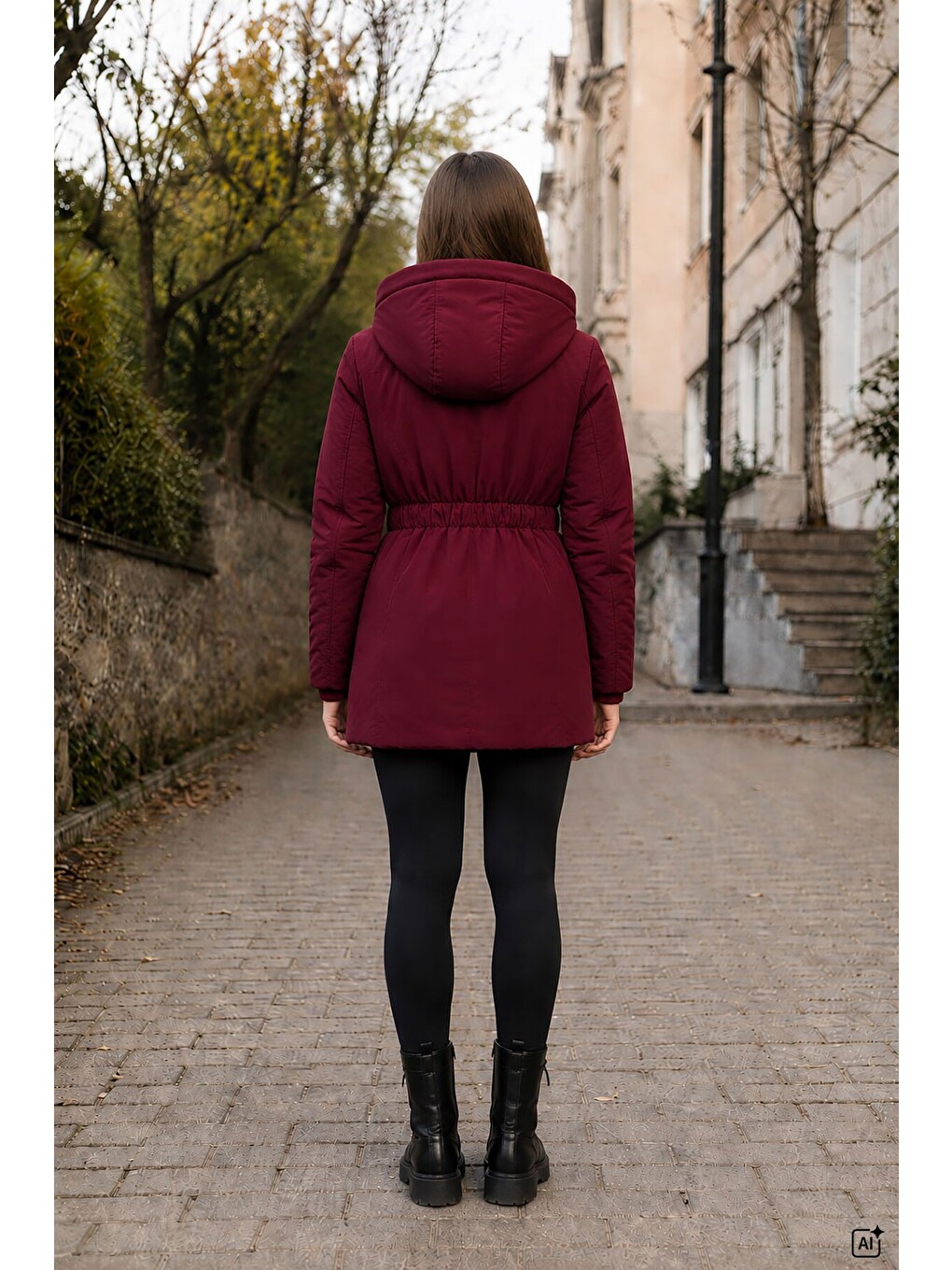 Bordo Kız Çocuk Beli Kuşaklı Çıkarılabilir Kapüşonlu İçi Kürklü Şişme Mont 24882-2