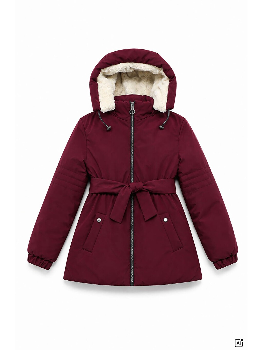 Bordo Kız Çocuk Beli Kuşaklı Çıkarılabilir Kapüşonlu İçi Kürklü Şişme Mont 24882-3