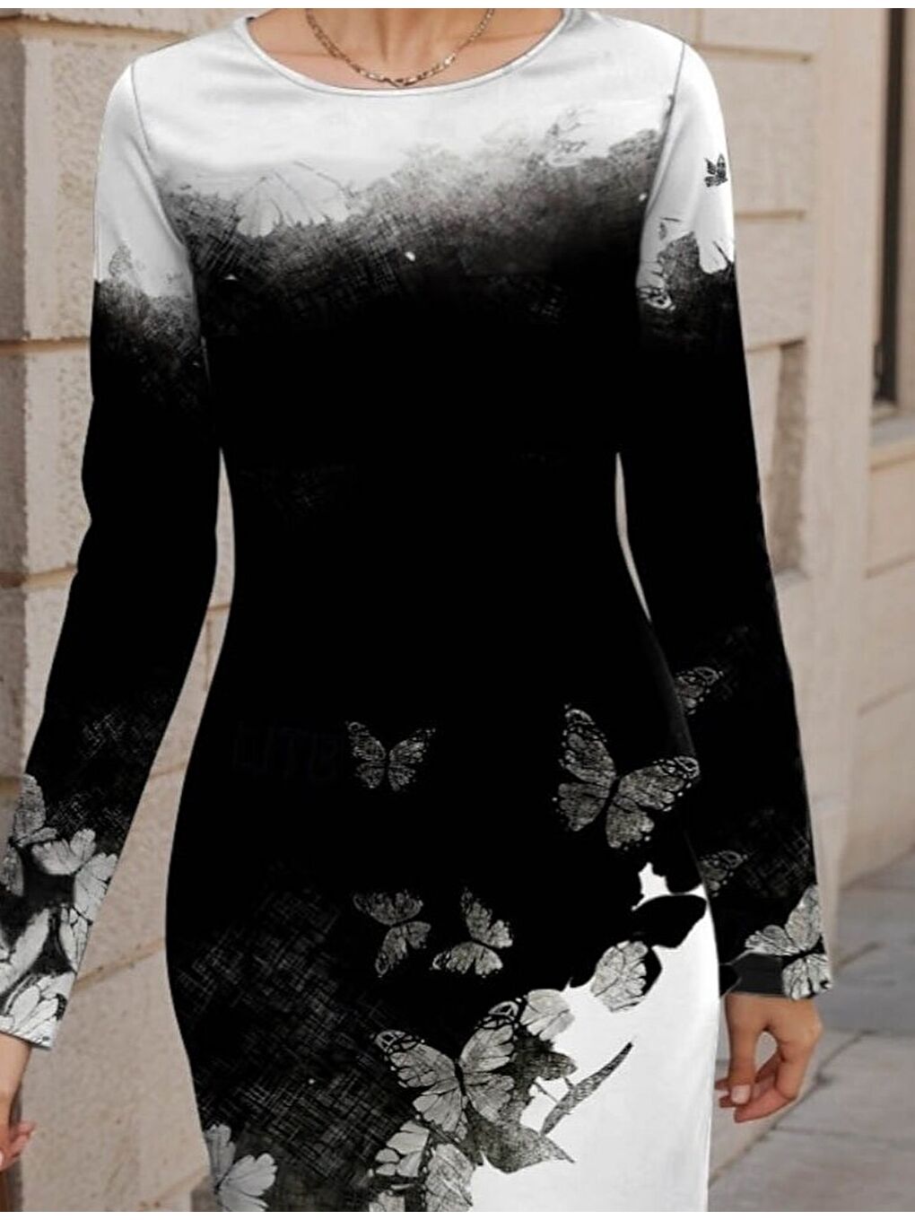 Siyah Kadın Uzun Kollu Bisiklet Yaka çiçek Desenli Kısa şardonlu Dalgıç Elbise-1