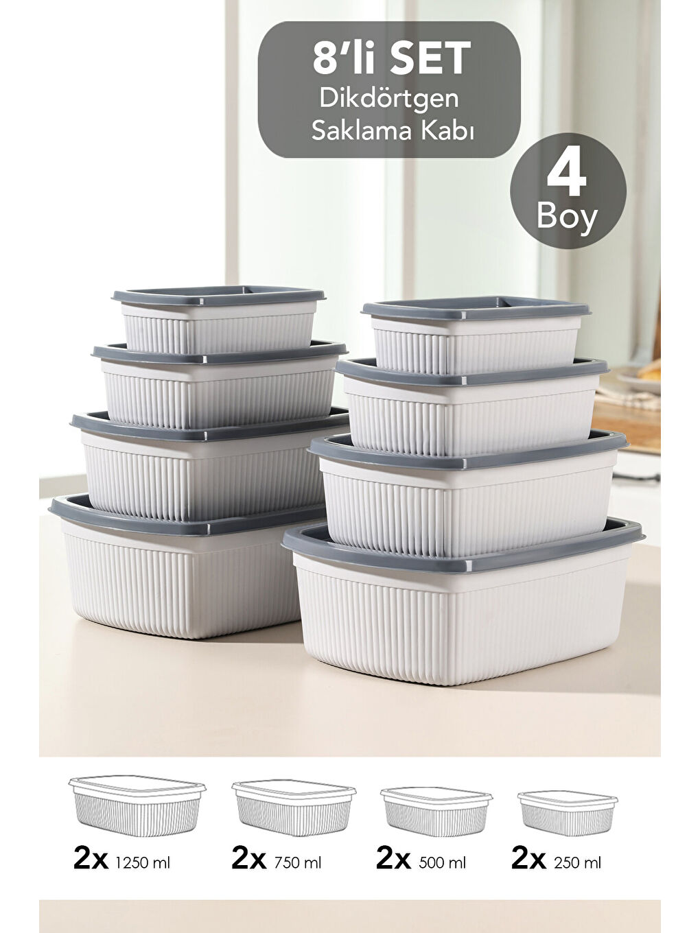 Gri 8'li Çizgili Dikdörtgen Gıda Saklama Kabı Seti