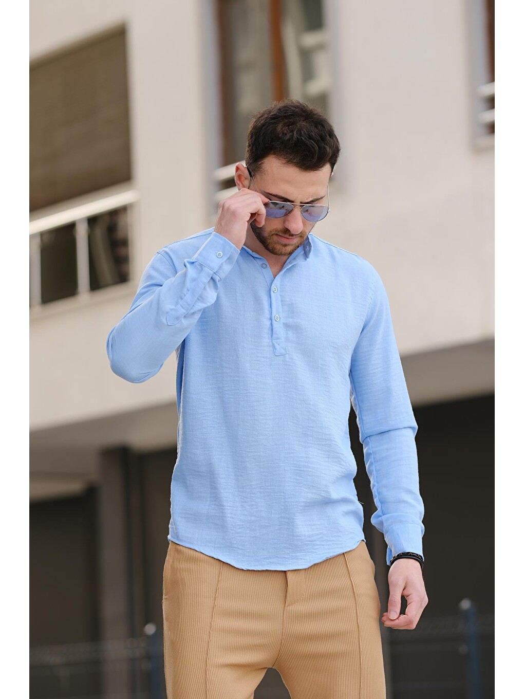Mavi Zareh Slim Fit Kırınkıl Desen Yarım Pat Hakim Yaka Erkek Gömlek