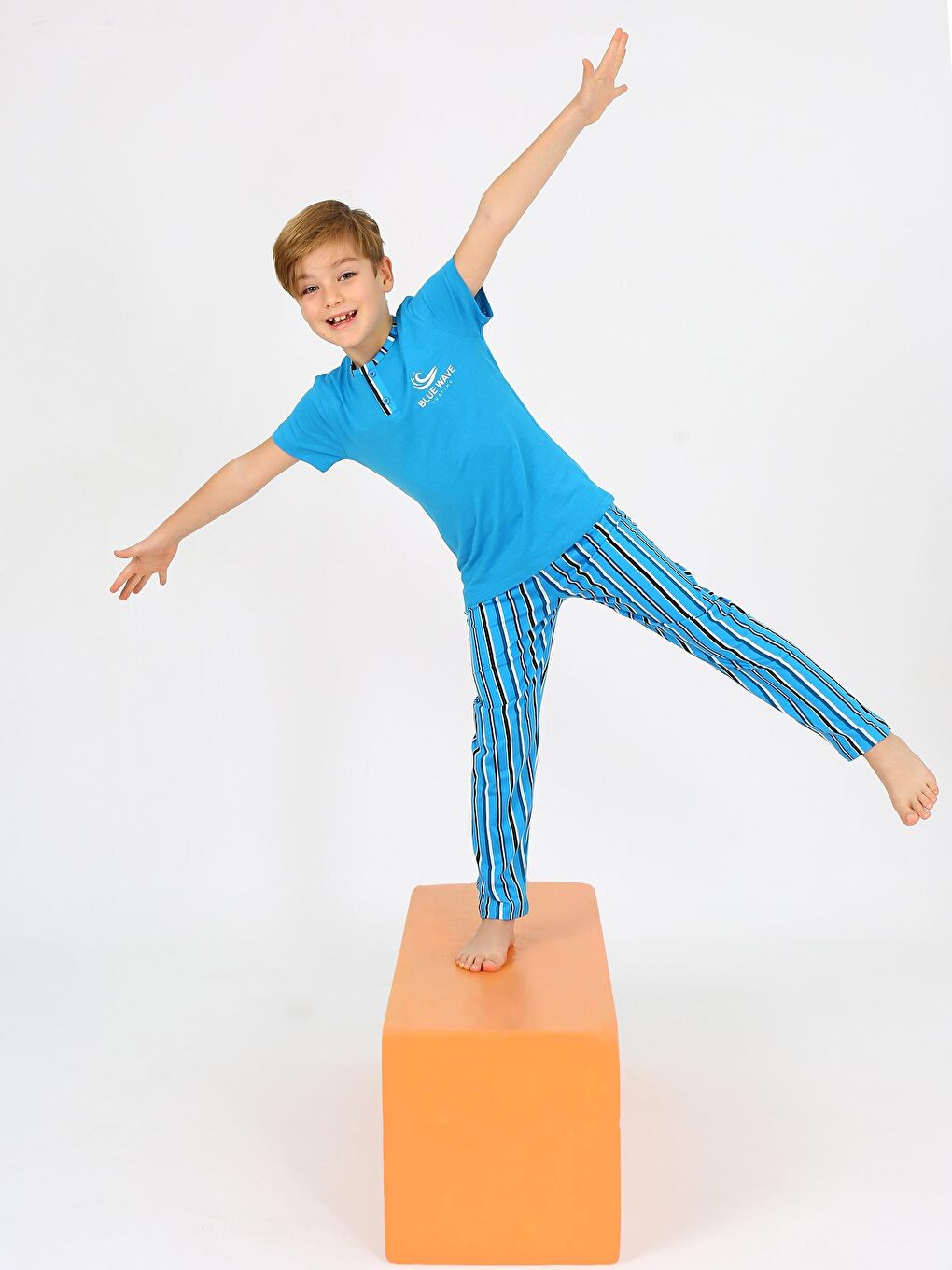 Erkek Çocuk Kısa Kollu %100 Pamuklu Düğme Detaylı Blue Wave Pijama Takımı Petrol