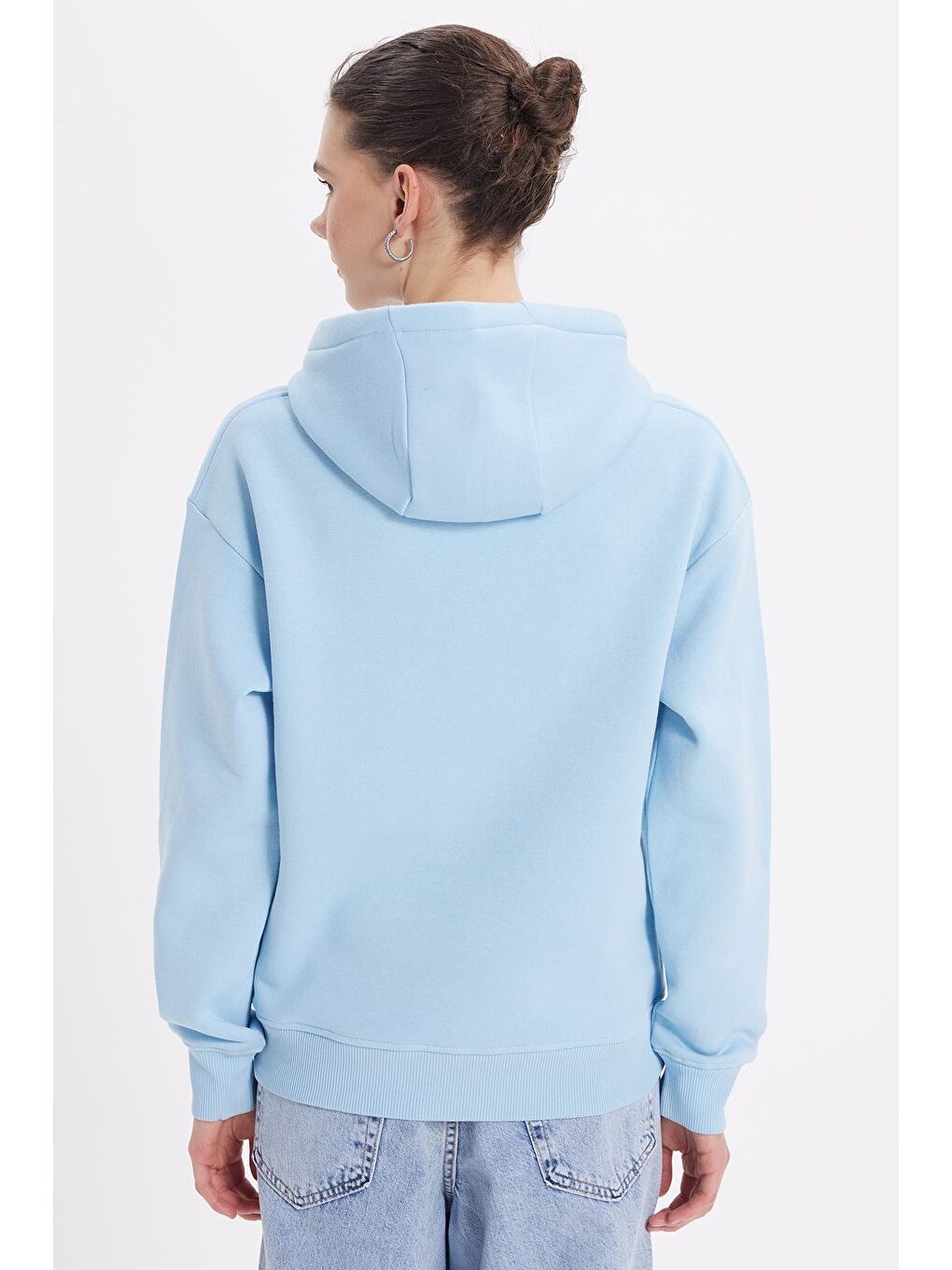 Kadın Oversize Geniş Kesim Pamuklu Yumuşak Dokulu İçi Polarlı Basic Mavi Kapüşonlu Sweatshirt-6