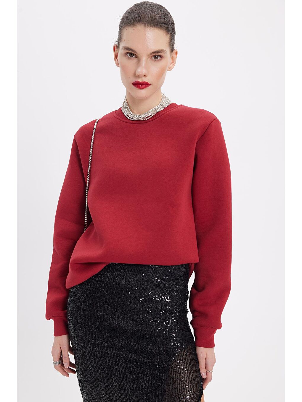 Kadın Oversize Geniş Kesim Pamuklu 3 İplik İçi Polarlı Basic Bordo Bisiklet Yaka Sweatshirt