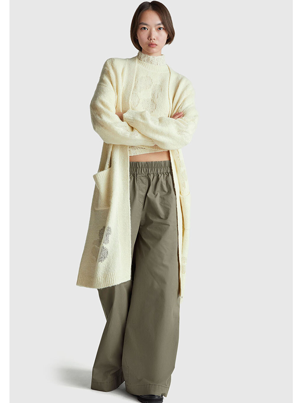 Ekru Kadın Krem Yün Karışımlı Ribana Detaylı Cepli Uzun Hırka