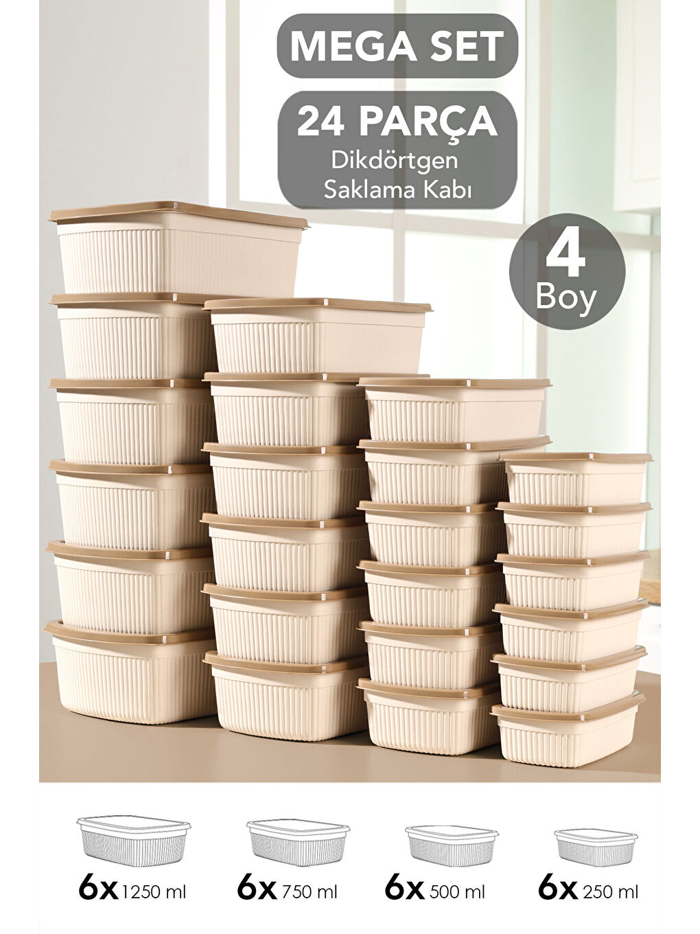 Bej 24'lü Çizgili Dikdörtgen Gıda Saklama Kabı Seti