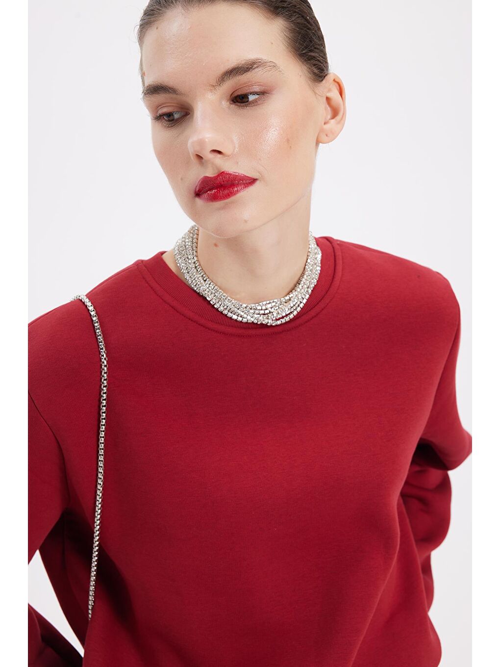 Kadın Oversize Geniş Kesim Pamuklu 3 İplik İçi Polarlı Basic Bordo Bisiklet Yaka Sweatshirt-1