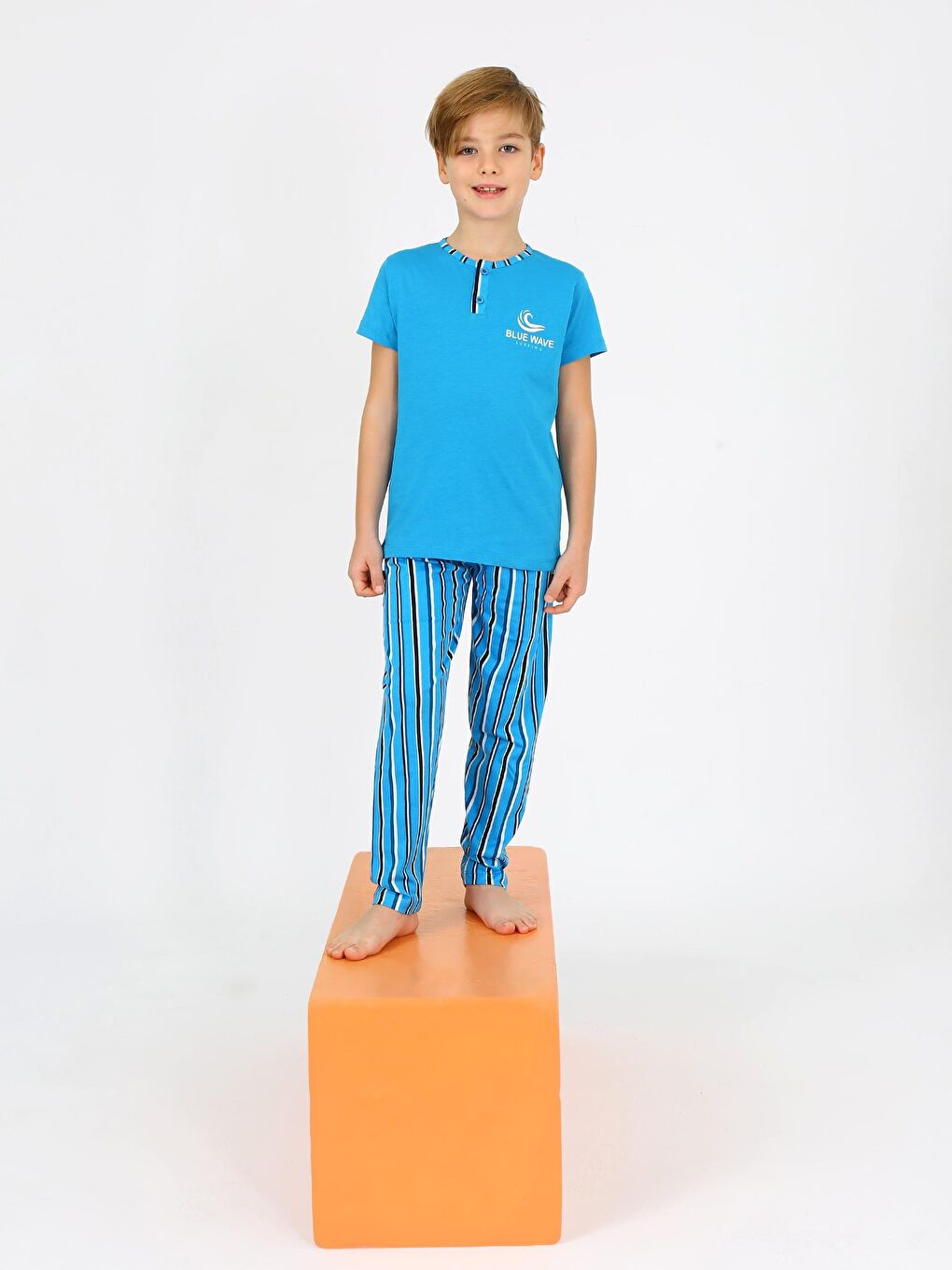 Erkek Çocuk Kısa Kollu %100 Pamuklu Düğme Detaylı Blue Wave Pijama Takımı Petrol-3