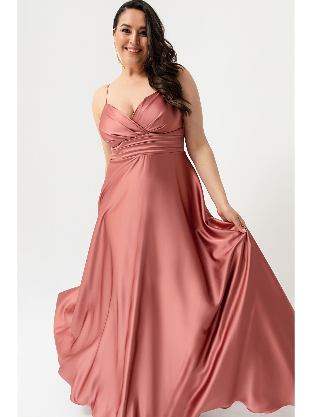 Pembe Kadın Somon İp Askılı Büyük Beden Saten Uzun Abiye & Mezuniyet Elbisesi-1