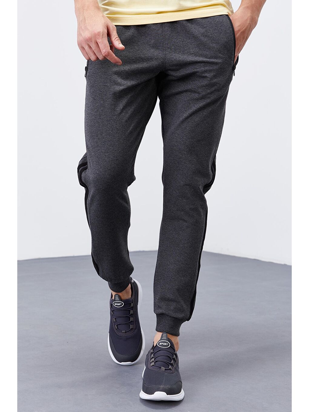 Antrasit Melanj Çift Biye Şeritli Standart Kalıp Erkek Jogger Eşofman Altı- 84694-2