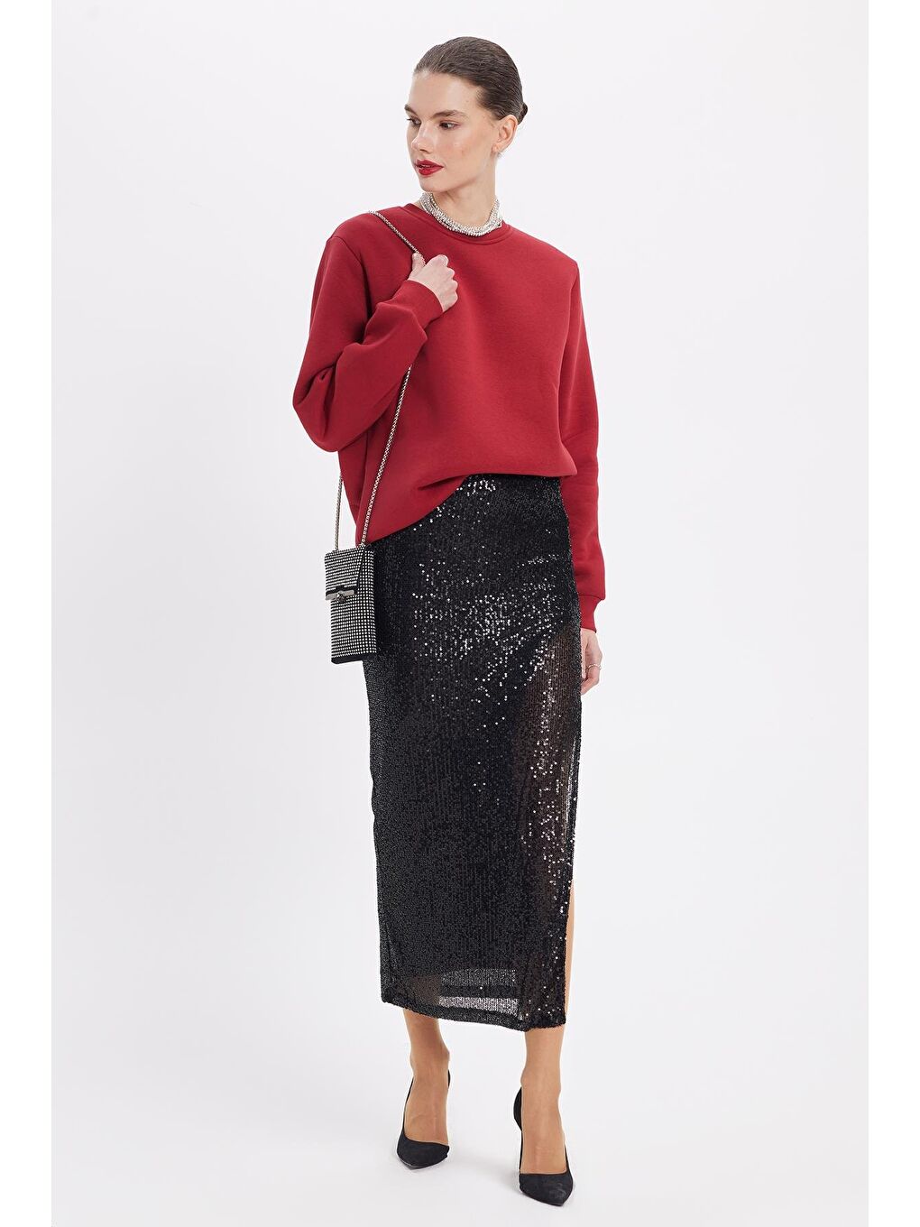 Kadın Oversize Geniş Kesim Pamuklu 3 İplik İçi Polarlı Basic Bordo Bisiklet Yaka Sweatshirt-3