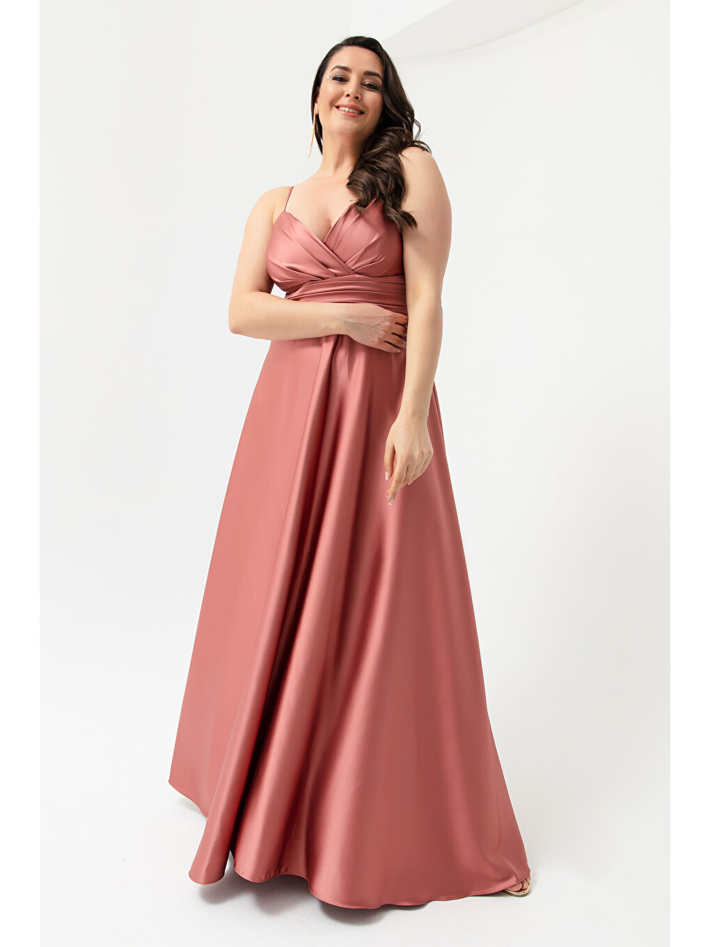 Pembe Kadın Somon İp Askılı Büyük Beden Saten Uzun Abiye & Mezuniyet Elbisesi-2