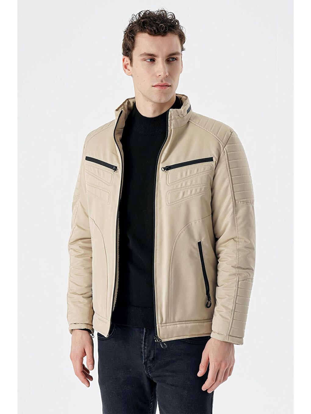 Bej Taş Rengi Dik Yaka Astarlı Comfort Fit Rahat Kesim Casual Mont 1007235166