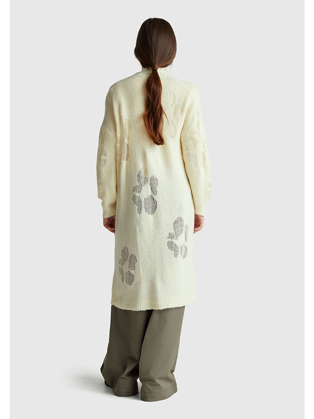 Ekru Kadın Krem Yün Karışımlı Ribana Detaylı Cepli Uzun Hırka-2