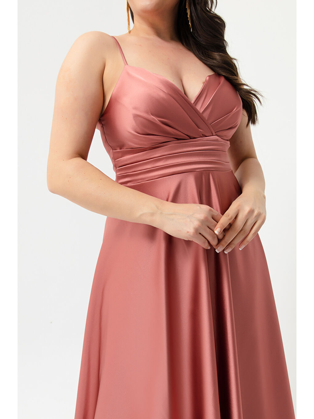 Pembe Kadın Somon İp Askılı Büyük Beden Saten Uzun Abiye & Mezuniyet Elbisesi-3