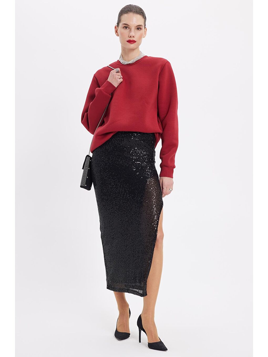 Kadın Oversize Geniş Kesim Pamuklu 3 İplik İçi Polarlı Basic Bordo Bisiklet Yaka Sweatshirt-4