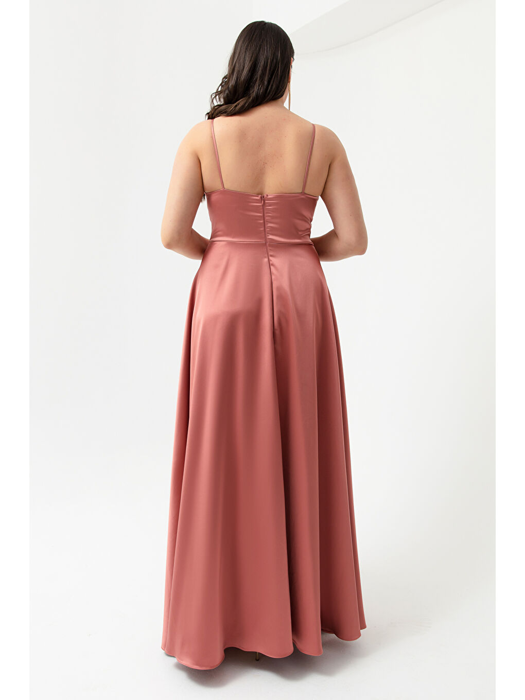Pembe Kadın Somon İp Askılı Büyük Beden Saten Uzun Abiye & Mezuniyet Elbisesi-4