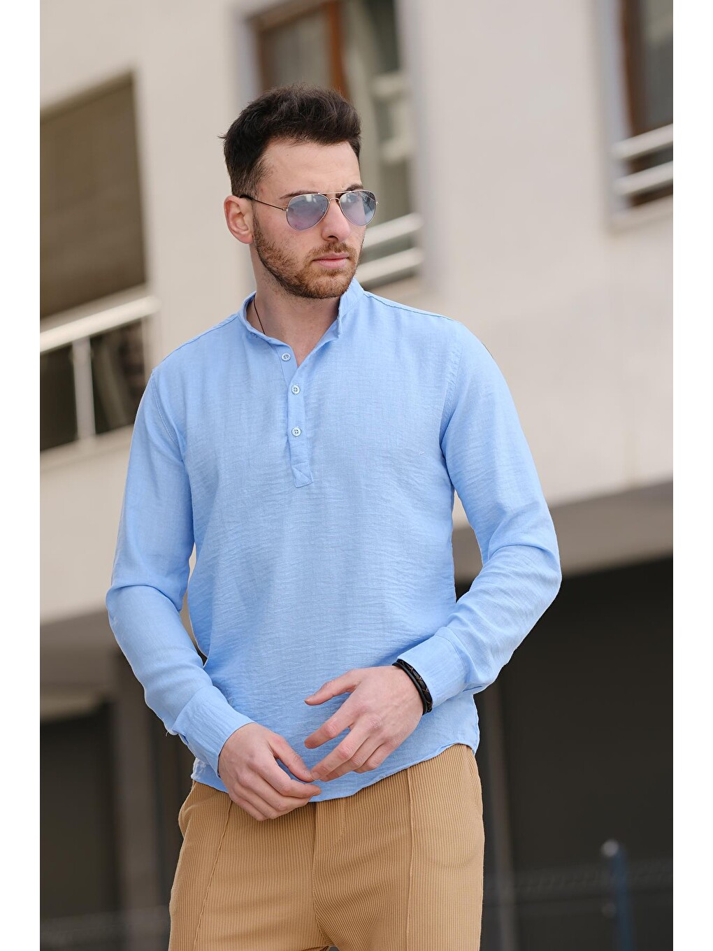 Mavi Zareh Slim Fit Kırınkıl Desen Yarım Pat Hakim Yaka Erkek Gömlek-1
