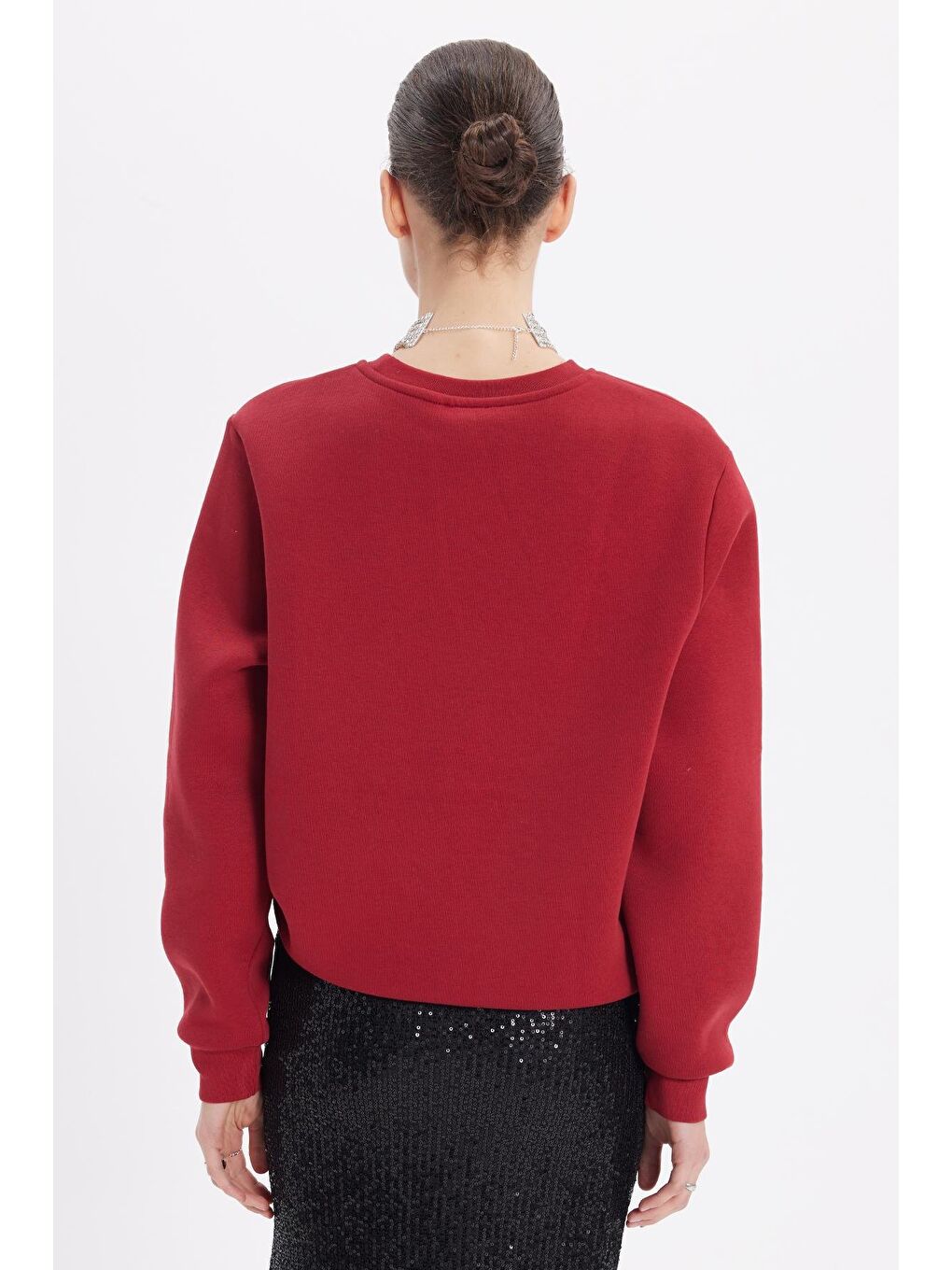 Kadın Oversize Geniş Kesim Pamuklu 3 İplik İçi Polarlı Basic Bordo Bisiklet Yaka Sweatshirt-6