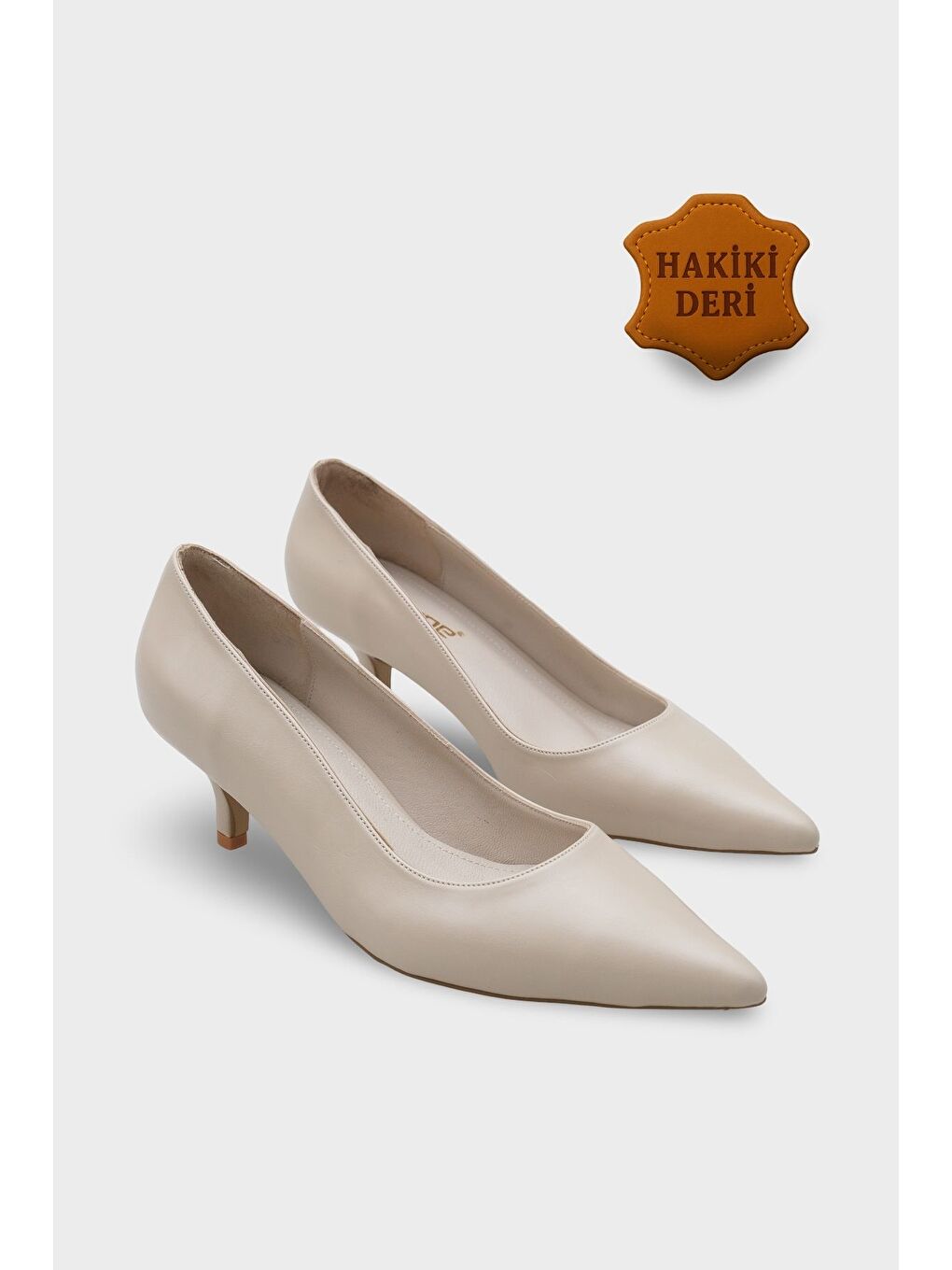 Ekru Veronica Orta Topuklu Sivri Burunlu Hakiki Deri Astar Kadın Stiletto-1