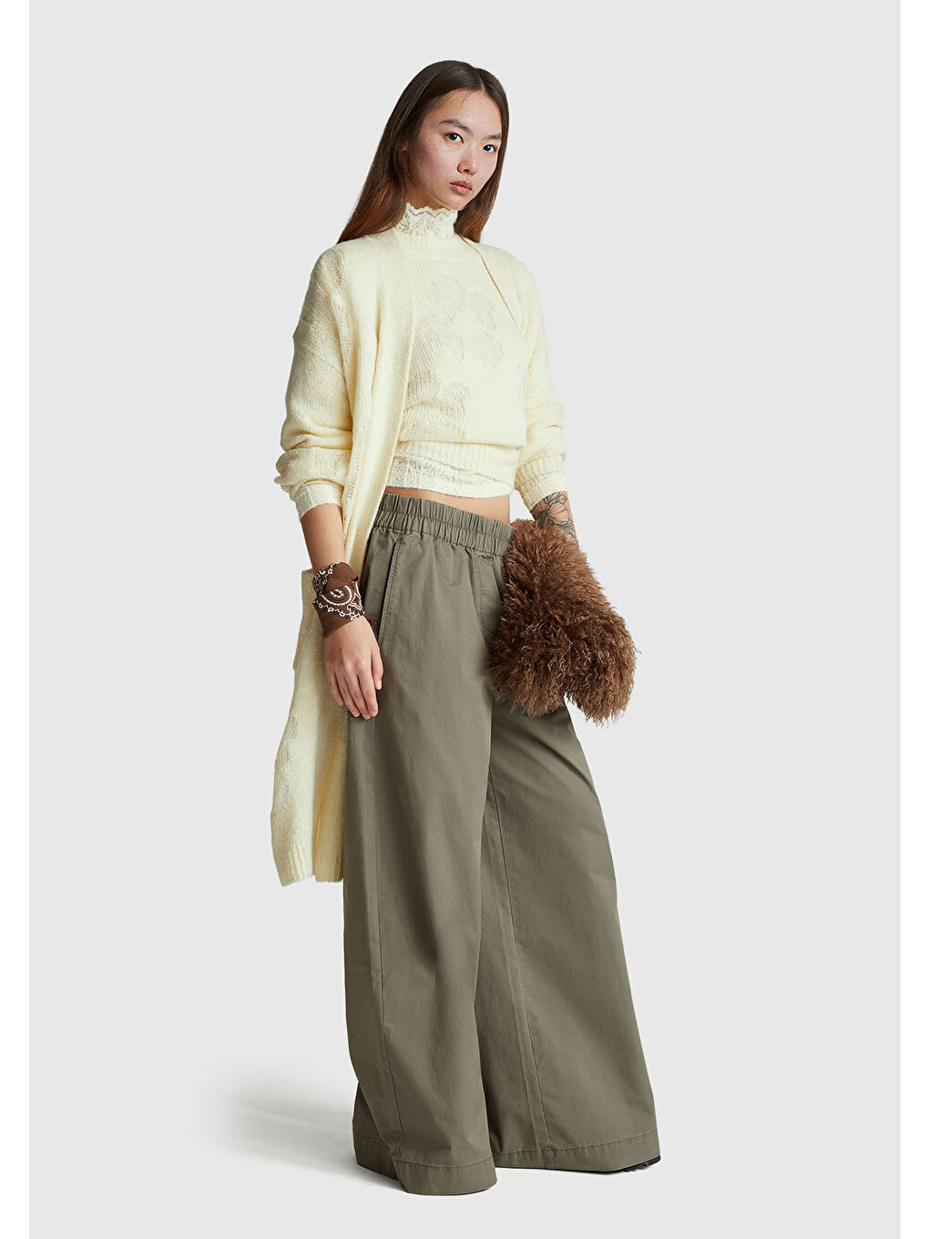 Ekru Kadın Krem Yün Karışımlı Ribana Detaylı Cepli Uzun Hırka-4