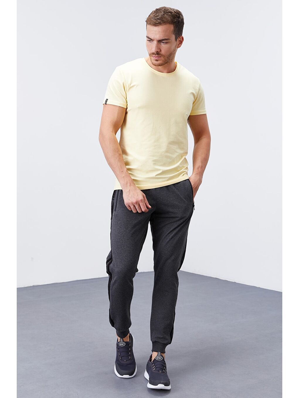 Antrasit Melanj Çift Biye Şeritli Standart Kalıp Erkek Jogger Eşofman Altı- 84694-4