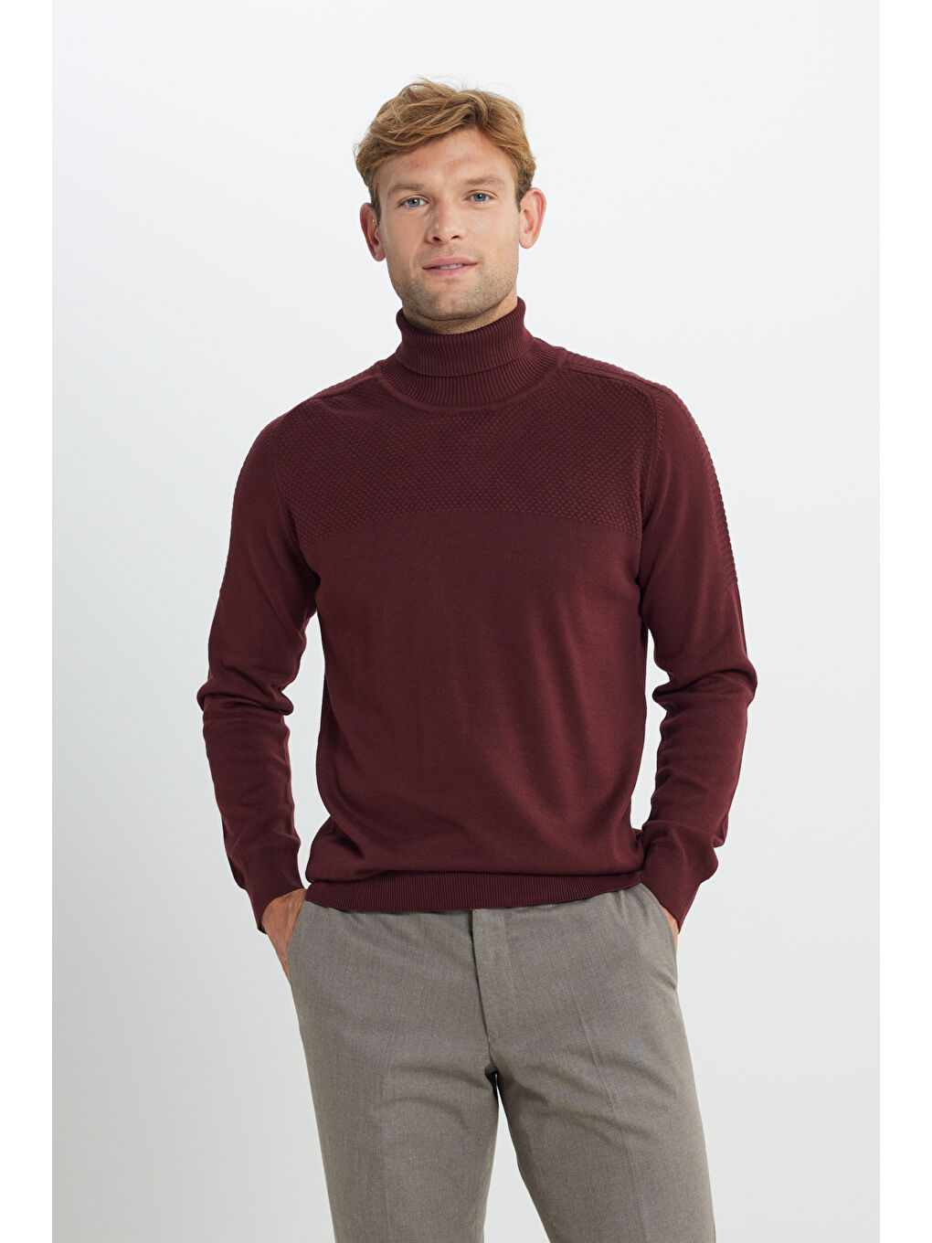 Erkek Bordo Pamuklu Normal Kesim Tam Balıkçı Yaka Jakarlı Triko Kazak-2