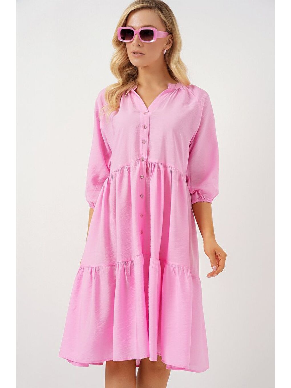 Düğmeli Kısa Kol Elbise 2559 - Pembe