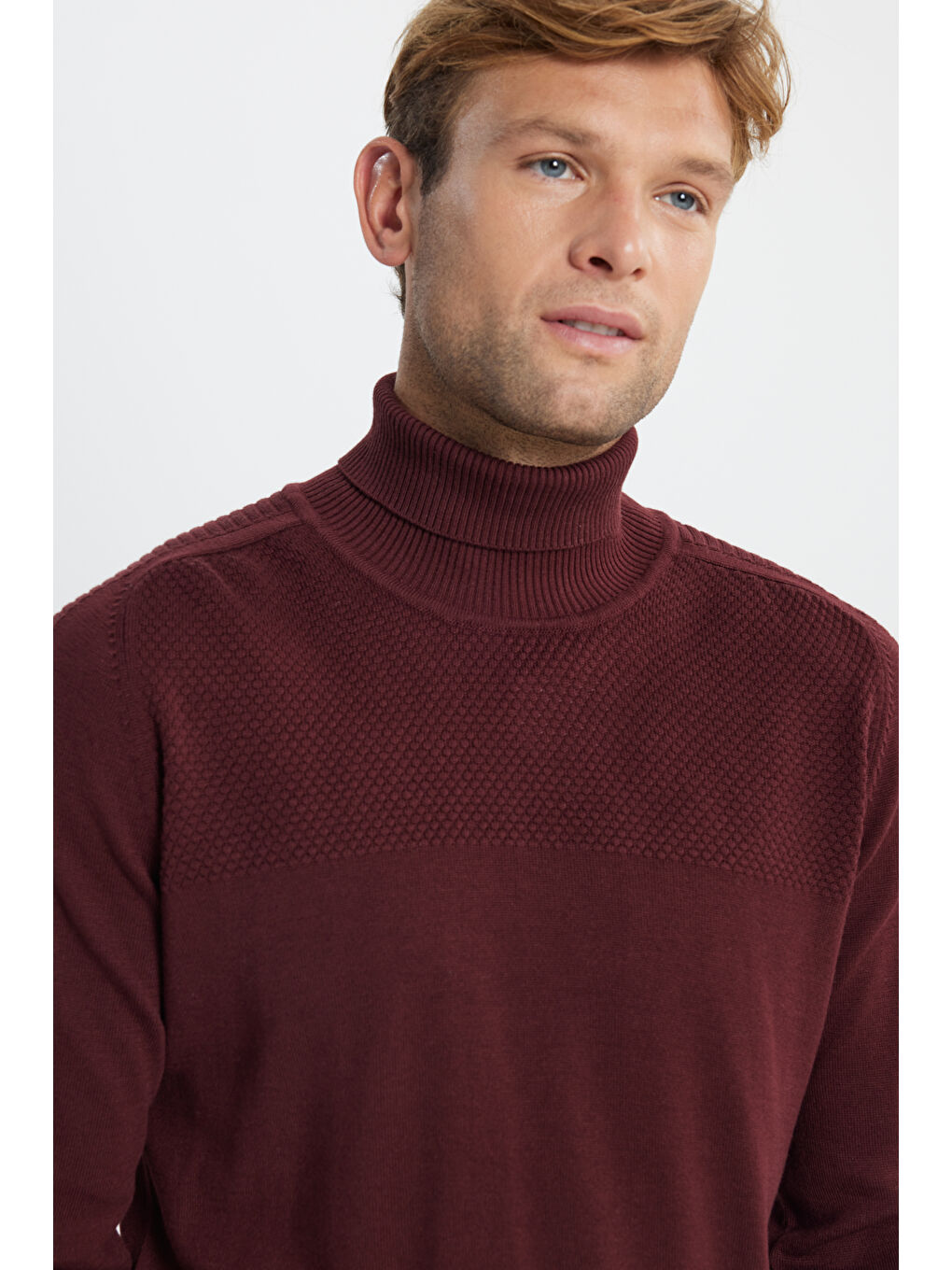 Erkek Bordo Pamuklu Normal Kesim Tam Balıkçı Yaka Jakarlı Triko Kazak-3