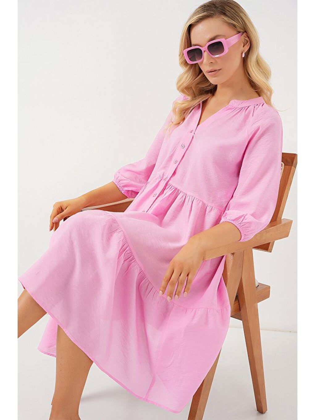 Düğmeli Kısa Kol Elbise 2559 - Pembe-1