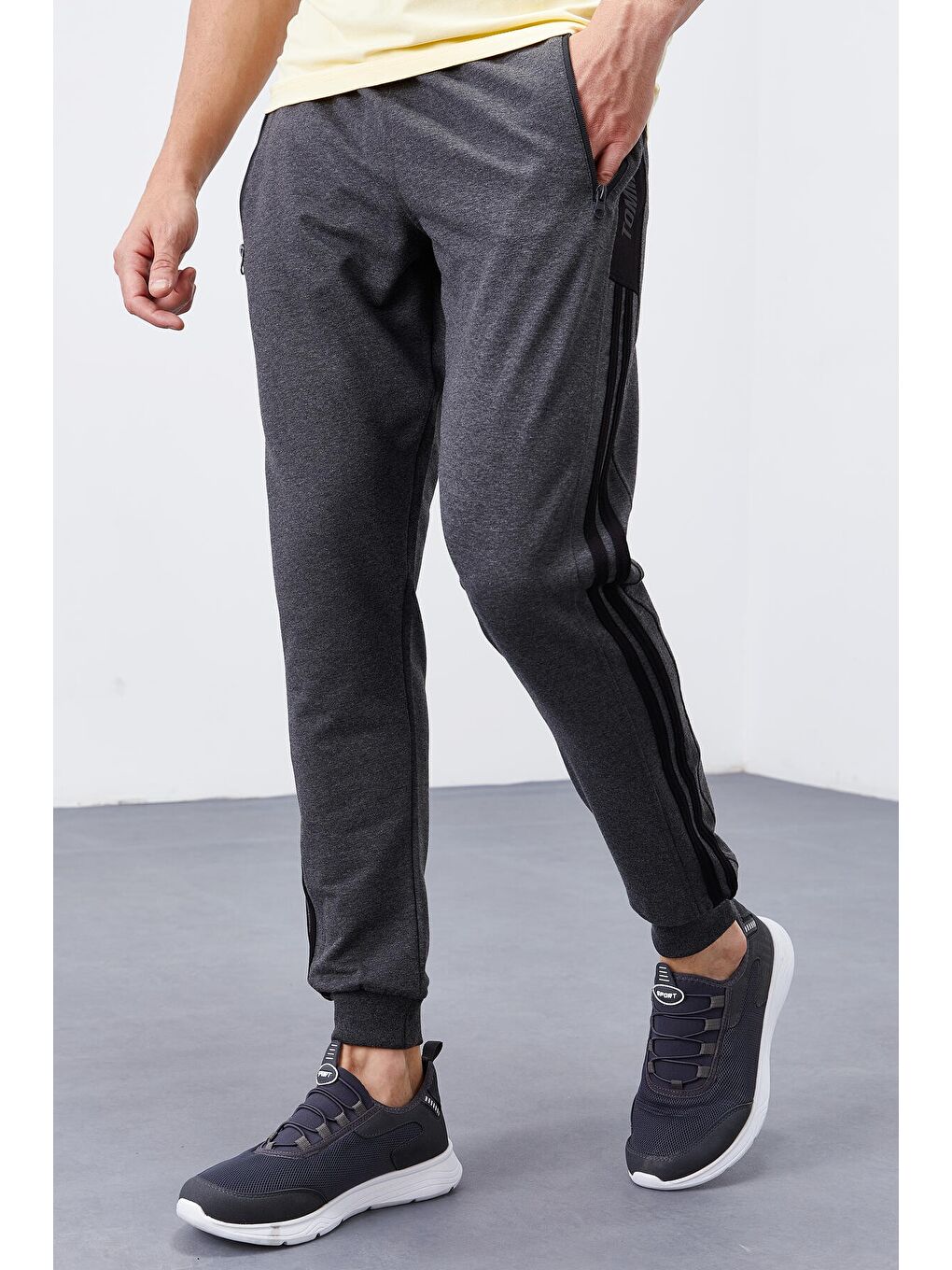Antrasit Melanj Çift Biye Şeritli Standart Kalıp Erkek Jogger Eşofman Altı- 84694-6