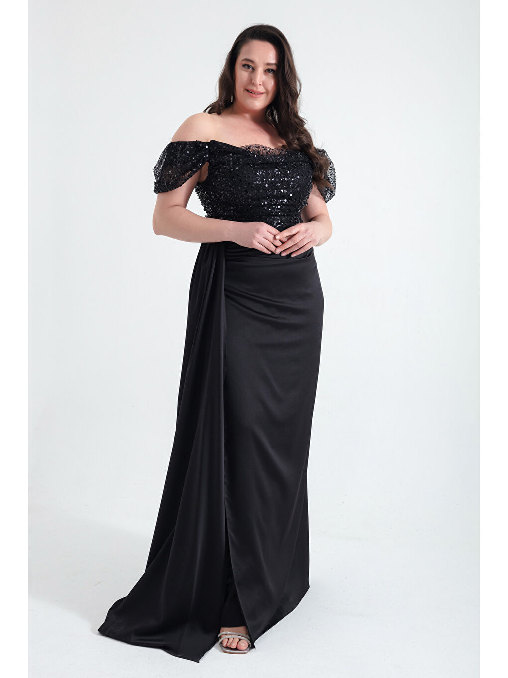 Kadın Siyah Kayık Yaka Taşlı Büyük Beden Uzun Abiye Elbise-1