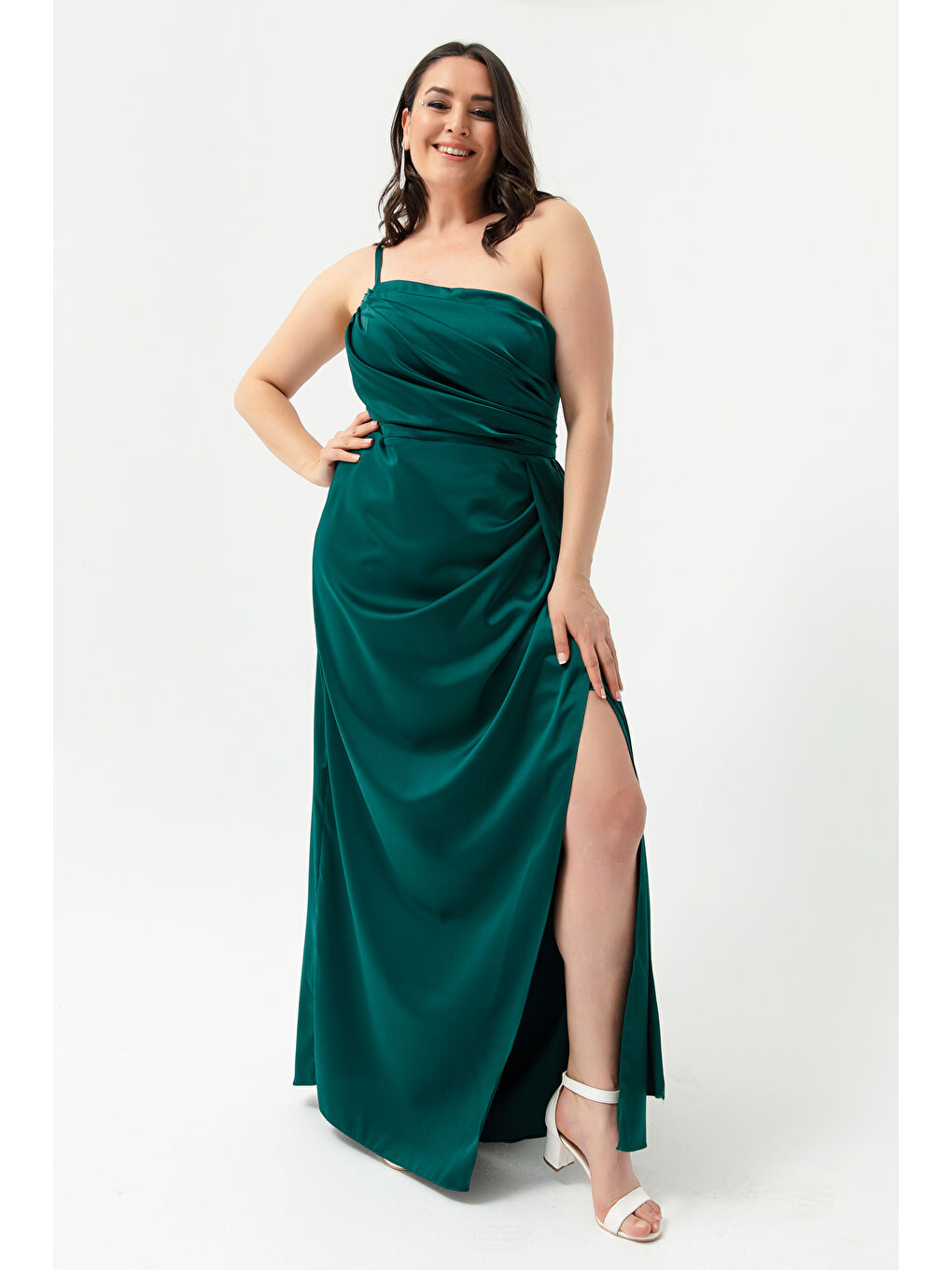 Kadın Zümrüt Yeşili Tek Omuzlu Büyük Beden Saten Abiye & Mezuniyet Elbisesi-1