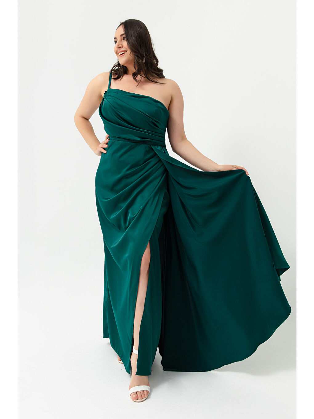 Kadın Zümrüt Yeşili Tek Omuzlu Büyük Beden Saten Abiye & Mezuniyet Elbisesi-2