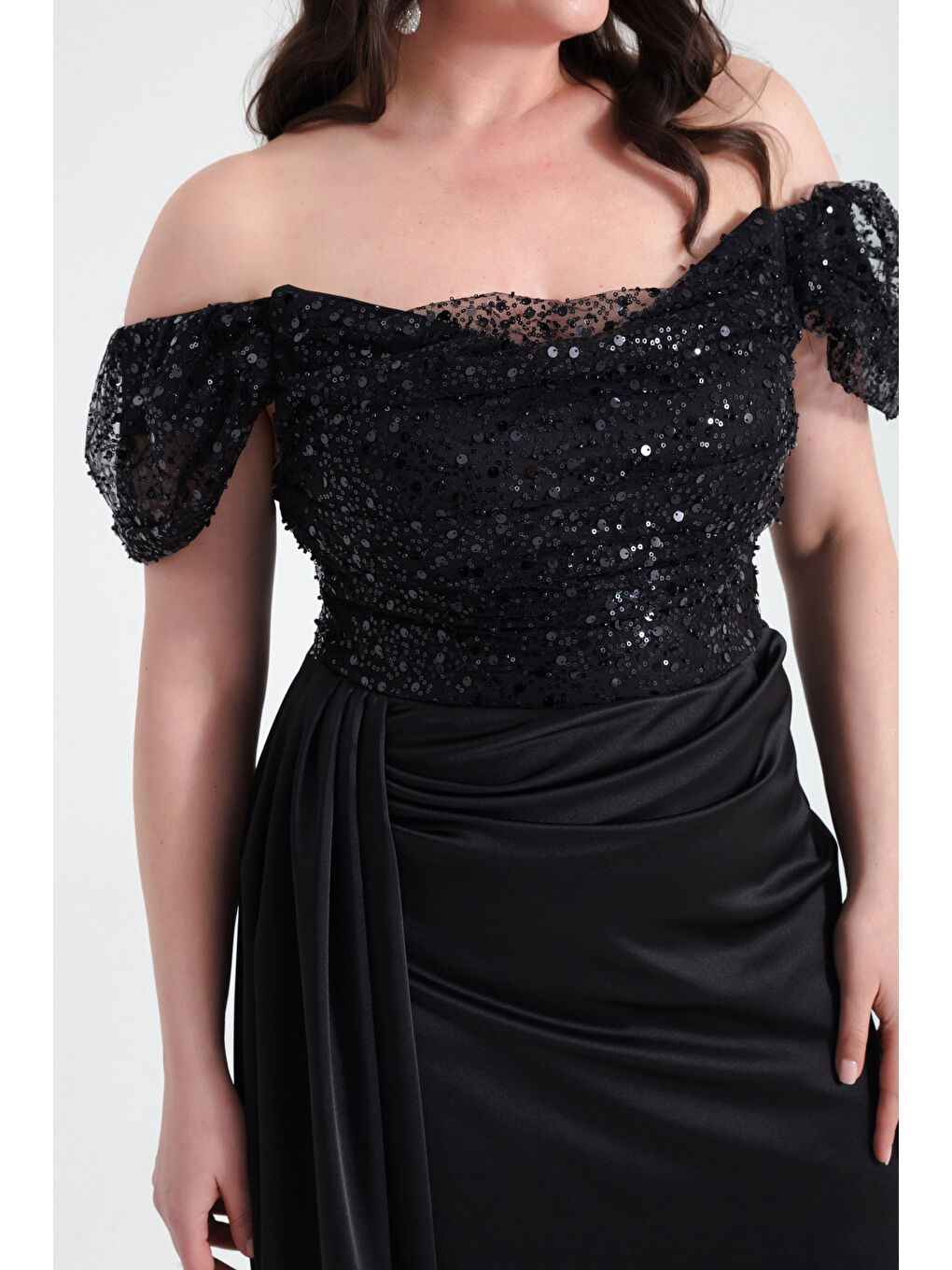 Kadın Siyah Kayık Yaka Taşlı Büyük Beden Uzun Abiye Elbise-2