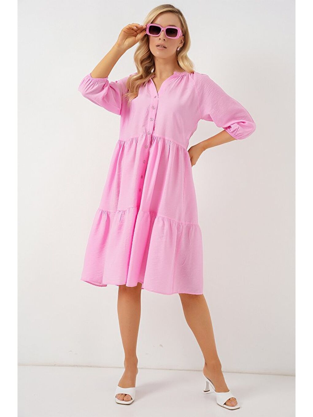 Düğmeli Kısa Kol Elbise 2559 - Pembe-2