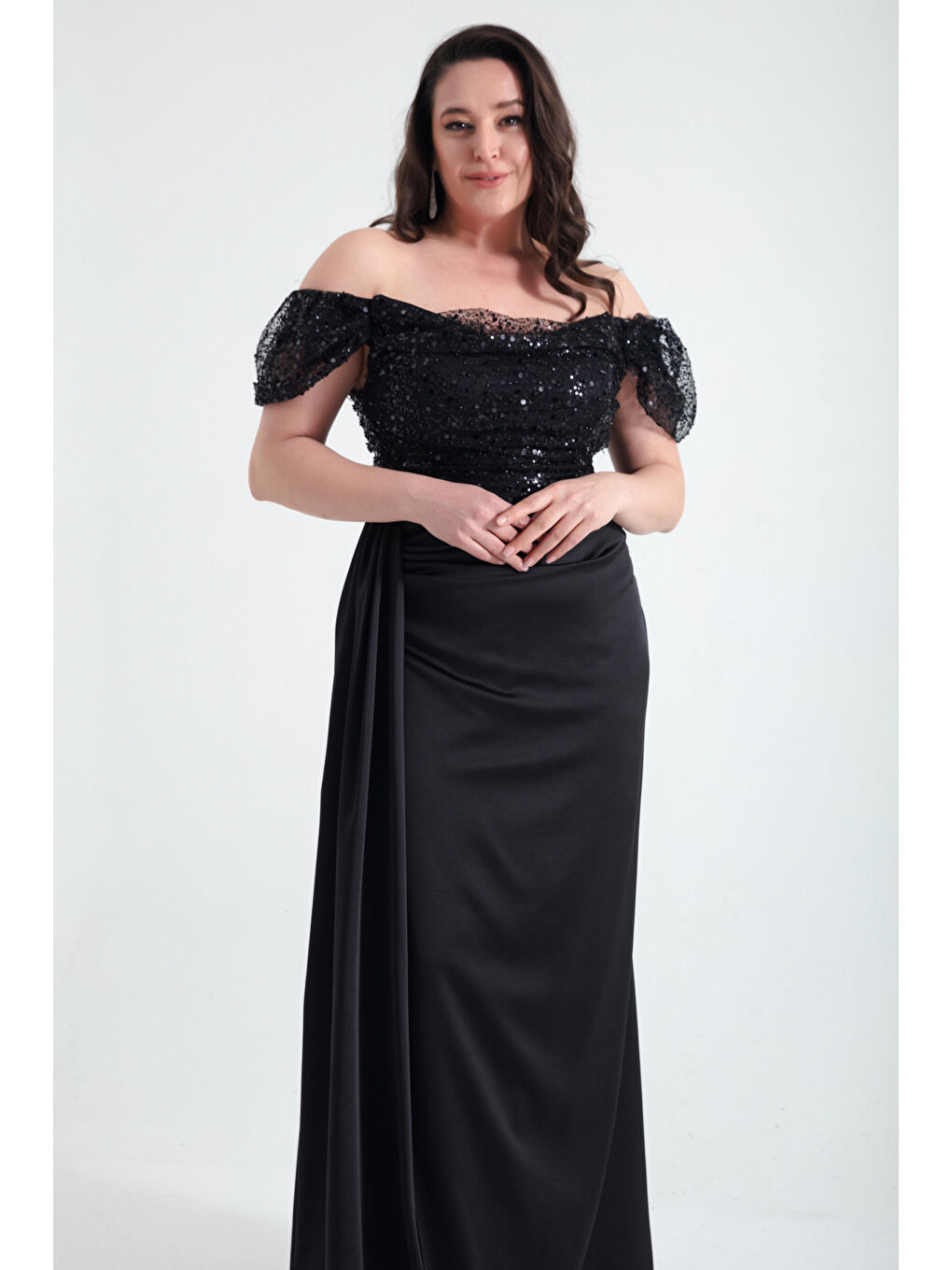 Kadın Siyah Kayık Yaka Taşlı Büyük Beden Uzun Abiye Elbise-3